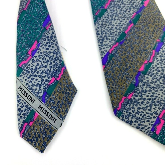 MISSONI Diagonal Animal Print Striped Multicolor 100% Silk Necktie - Needs fix - Picture 9 of 12